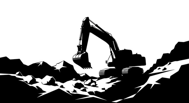 Black silhouette of an excavator machine.