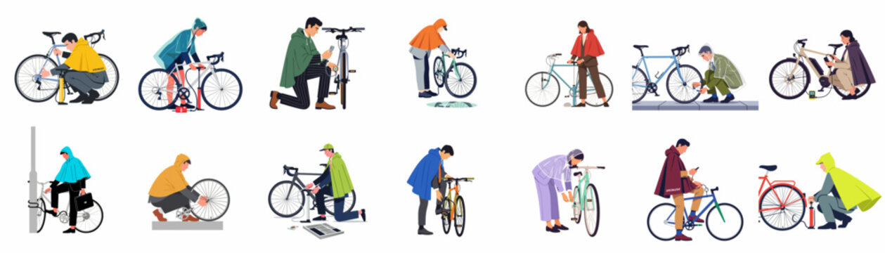 Flat Illustration Set of Diverse People Maintaining, Repairing, and Charging Bicycles in Various Weather Conditions