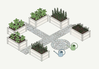 Raised Garden Beds with Plants and Watering Cans. © rayya