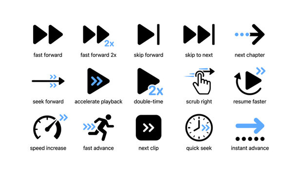 Playback control icons arranged in a grid layout on white background