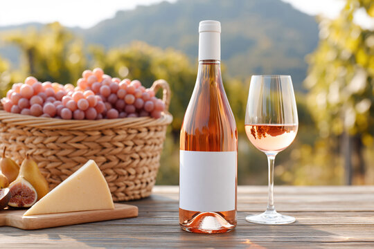 Rose wine bottle with blank label and filled glass served with grapes, cheese and figs on wooden table