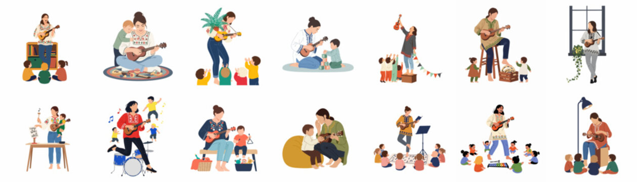 Flat vector illustration set of women teaching music, playing ukulele and instruments to children in educational and home settings.