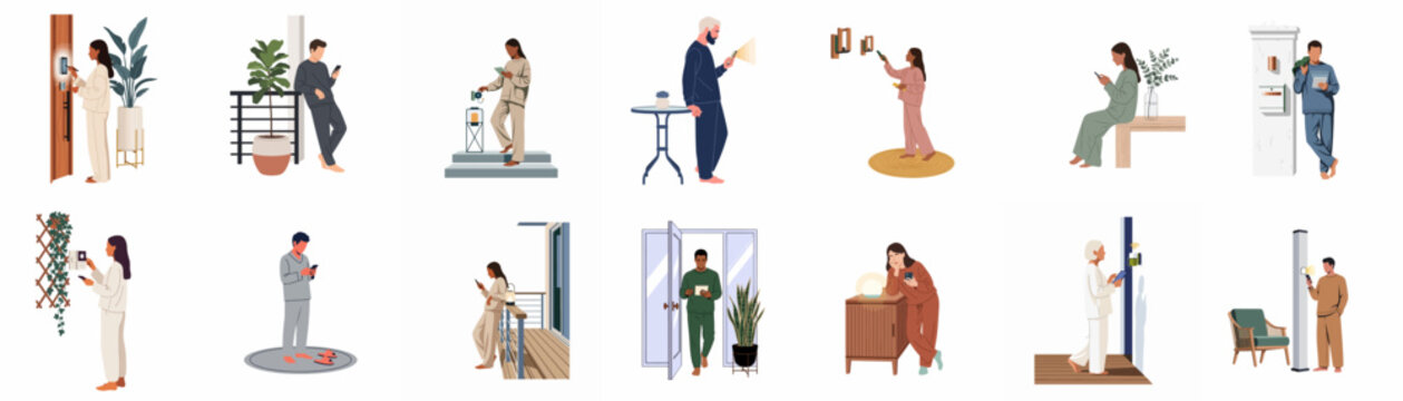 Flat vector illustration set showing diverse people in comfortable loungewear using smart home technology and mobile devices throughout a modern home.
