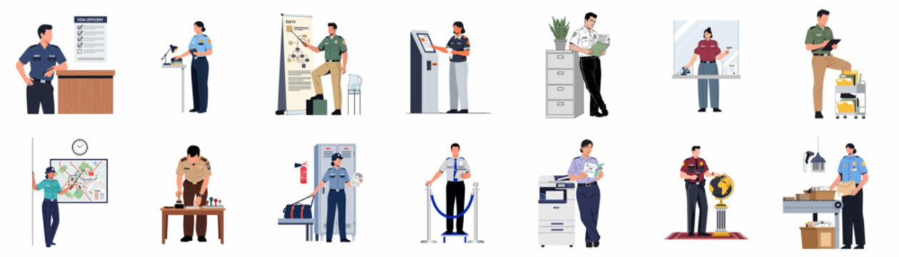 Flat vector illustrations of customs, immigration, and border control officers performing various duties in professional uniforms.