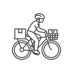 Fototapeta premium Delivery Boy Riding Bicycle with Cargo Box Outline Vector Icon