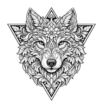 PNG Intricate wolf mandala illustration.
