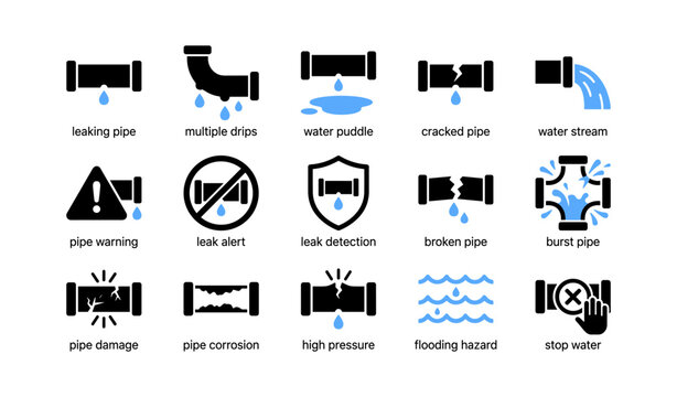 Pipe leak and damage icons showing faults and hazards on white