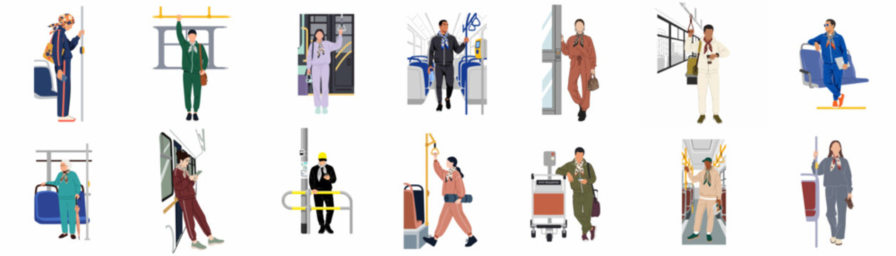 Collection of diverse people in stylish tracksuits and casual urban wear commuting on public transportation like buses and trains.
