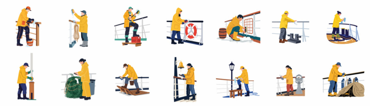 Collection of sailors in yellow raincoats performing various maintenance and cleaning tasks on a ship deck, flat style vector illustration set.
