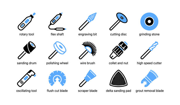 Rotary and power tool accessory icons arranged on white background