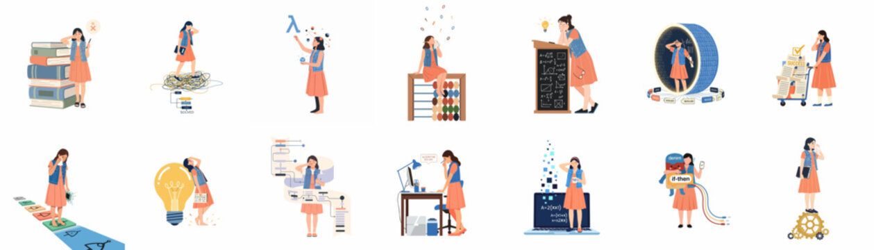 Set of flat vector illustrations depicting a female coder managing complex tasks like programming, data analysis, math problems, and logic gate challenges.