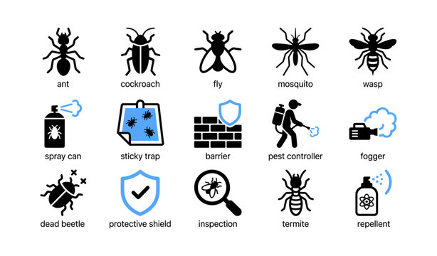 Insect and pest control icons arranged with labels on white background
