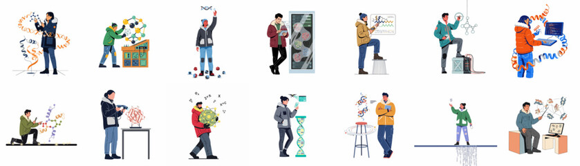 A collection of diverse scientists and engineers in winter gear exploring biotechnology, genetics, data science, and molecular physics in a stylized flat illustration. © Wohlu