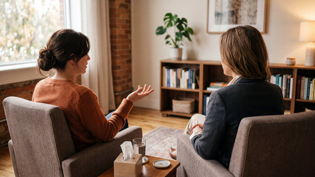 Woman talking to a professional therapist during a private counseling session in office