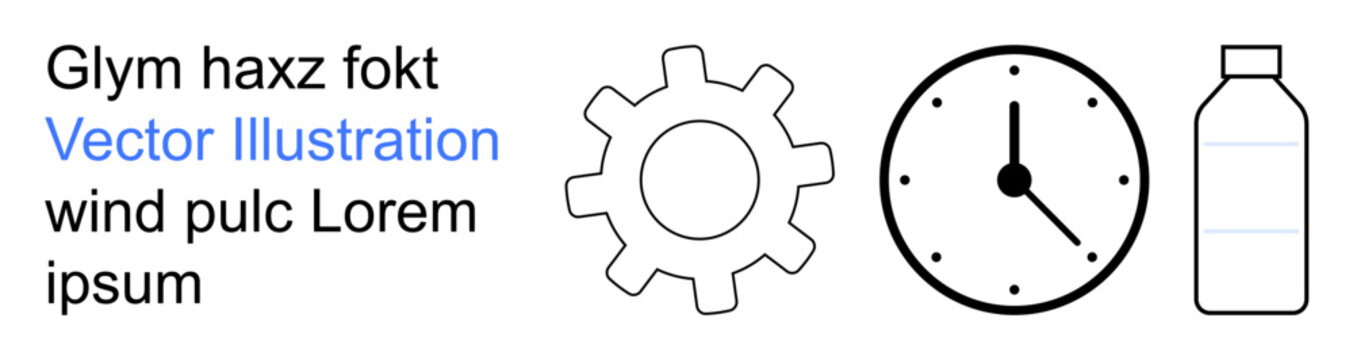Industry, time management, productivity, sustainability, organization, automation. Minimalistic gear, clock and bottle outline icons. Industry and time management concepts