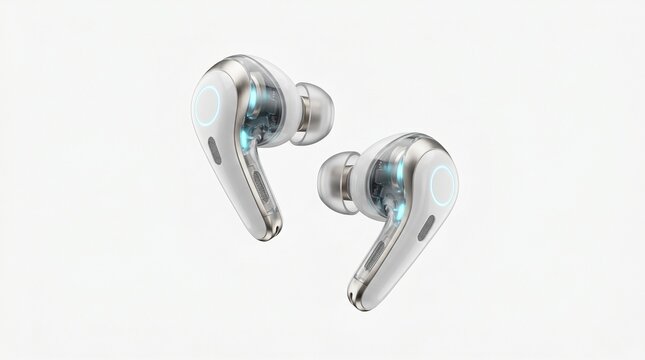 Futuristic Wireless Earbuds Floating on White Background