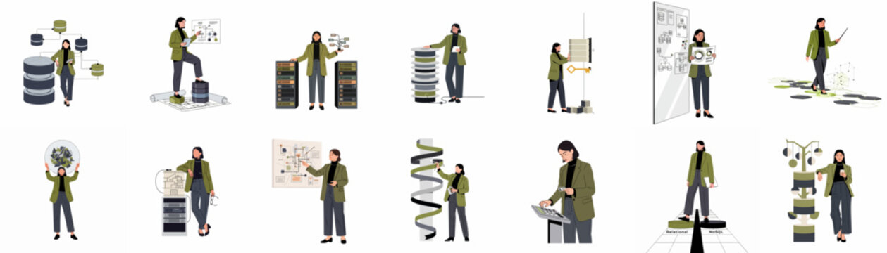 Set of professional illustrations showing a businesswoman managing database infrastructure, server rooms, data security, and cloud computing analytics in a modern corporate setting.