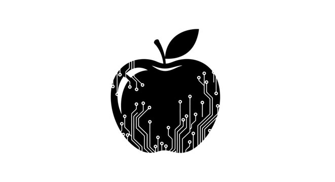 Black apple with circuit board design.