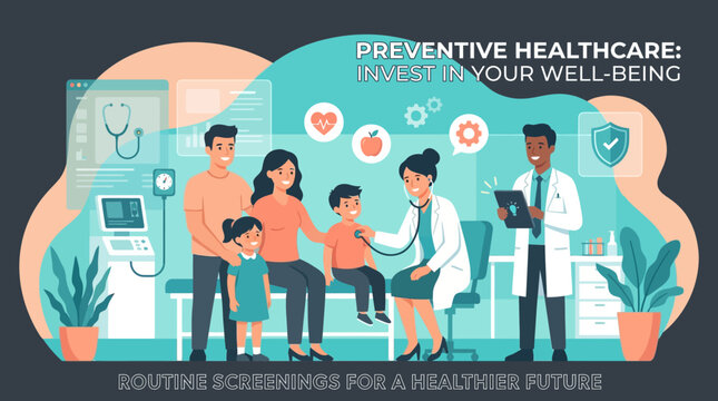Preventive healthcare illustration of a diverse family getting a routine check-up from doctors, highlighting well-being investment, perfect for medical campaigns, wellness blogs, and health insurance