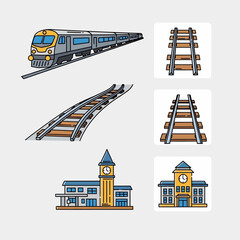 Collection of train elements including locomotive tracks and station buildings. © Budie