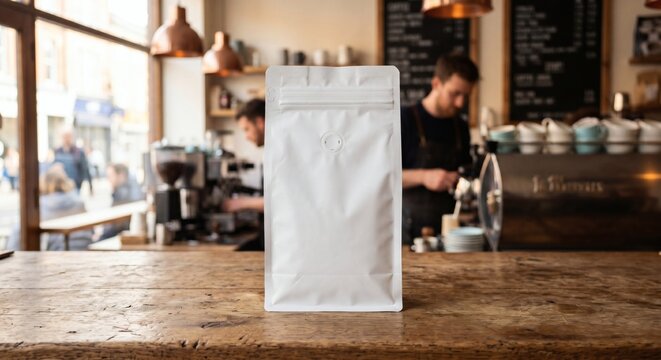 Blank white matte coffee bag pouch mockup on wooden counter