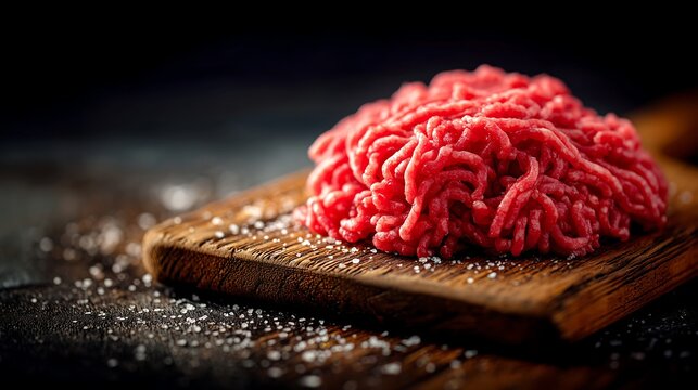 Fresh minced beef on rustic wooden board with realistic meat texture, dark moody lighting, and professional food photography style