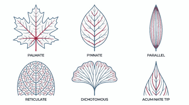 Botanical leaf venation patterns illustration showing palmate pinnate parallel reticulate dichotomous and acuminate tip leaf structures