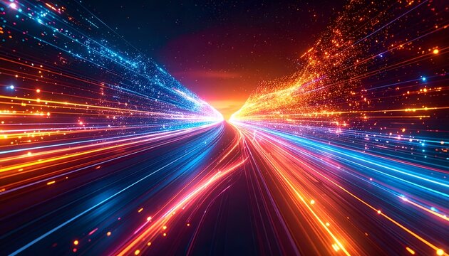 Vibrant streaks blaze through cosmic voids. Blue and gold trails rush toward radiant center