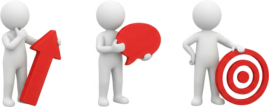 Three white 3D characters interact with red objects including a large upward pointing arrow a rounded speech bubble for communication and a target icon representing success and focus goals