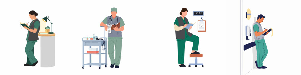 Fototapeta premium Set of diverse medical professionals in scrubs performing documentation and clinical duties in various hospital settings, isolated flat vector illustration.