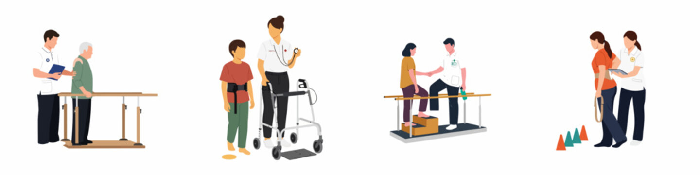 Flat Vector Illustrations Depicting Various Physical Therapy and Medical Rehabilitation Scenarios with Patients and Healthcare Professionals.