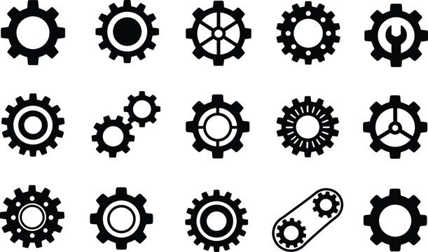 Set of 15 black gear and cogwheel logos featuring solid, outline, and mechanical variations. Includes single gears, connected gears