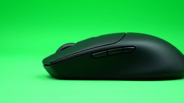 Close-up of a sleek black ergonomic computer mouse on a vibrant green background, ready for seamless digital work and precise navigation