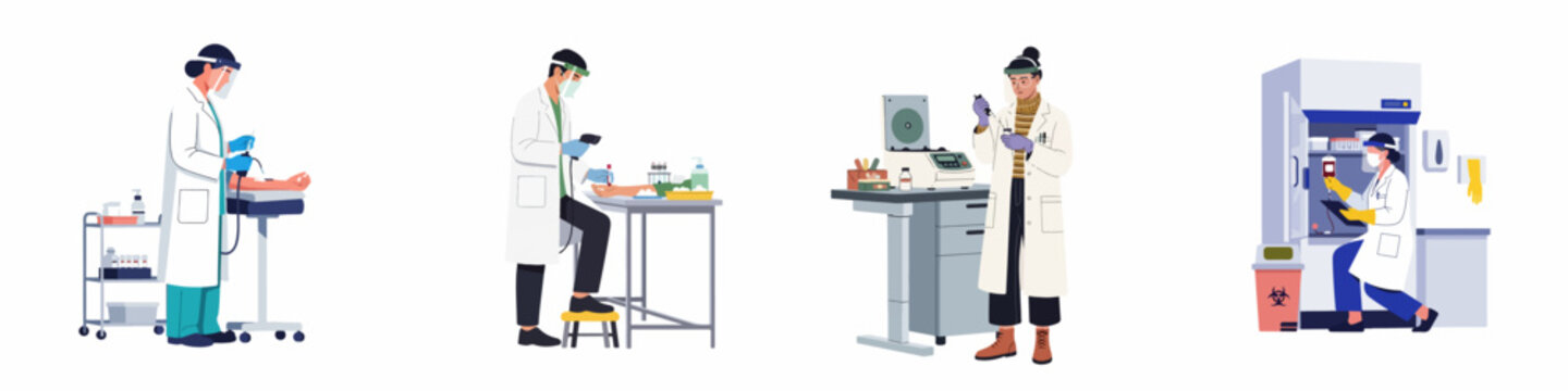 Set of laboratory professionals and healthcare workers performing blood tests, research, and medical procedures in a clinic or lab environment.