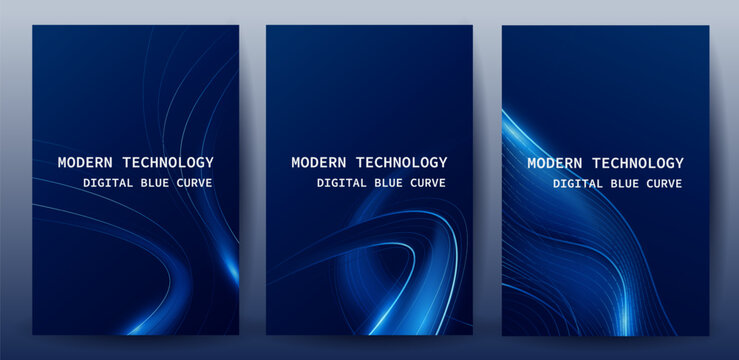 Modern Glow Blue Curve Lines on Dark Background Poster Set
