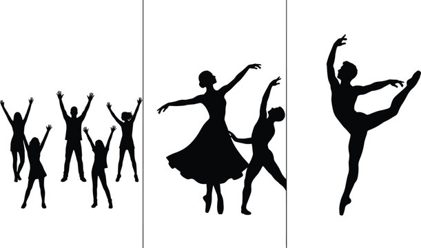   
Silhouette panels showing group celebration, ballet dancers performing graceful movements, and elegant solo leap representing dance, unity, lifestyle, artistry, and expression