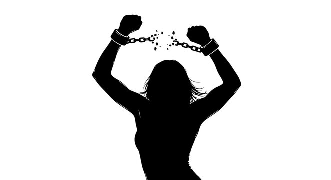 Silhouette of woman breaking free from chains.
