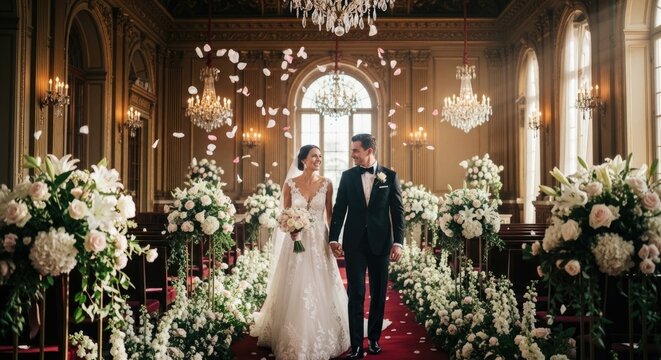 Happy wedding couple walking down aisle with flowers
