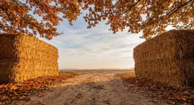 Low angle view of dirt road between large stacks of dry hay under colorful autumn trees at sunrise rural farmland scenery with fallen leaves on ground in fall season.