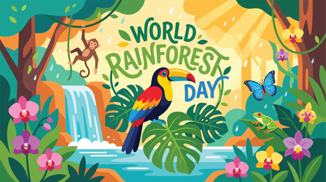 World Rainforest Day Illustration with Vibrant Jungle Animals and Plants