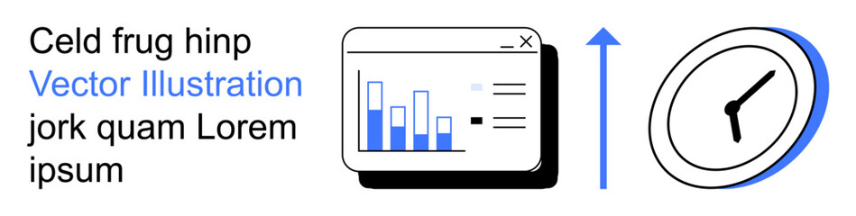 Naklejka na ściany i meble Business strategy, time management, performance tracking, productivity, growth analysis, efficiency. Bar chart window, clock upward arrow. Time management and performance tracking concept