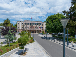 Naklejka premium Albania, Burrel city landscape, in spring time, mountain in background