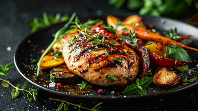 Grilled Chicken Skewers with Fresh Vegetables and Herbs on Dark Plate Close-Up