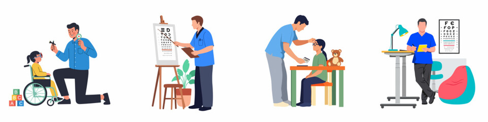 Fototapeta premium Flat vector illustrations depicting pediatric eye examinations, vision testing with charts, checkups for children with disabilities, and professional optometry services for kids.
