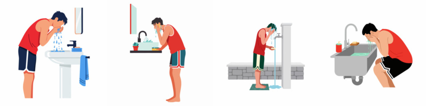 Vector illustration set of a young man washing his face in various indoor and outdoor sink settings.