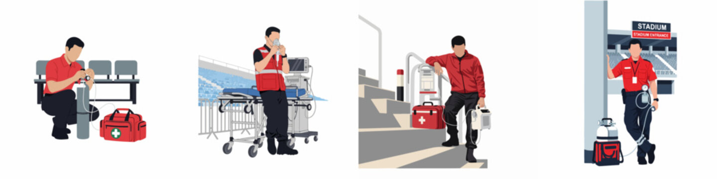 A series of four illustrations depicting a paramedic in a red uniform providing medical assistance and emergency services at a sports stadium.