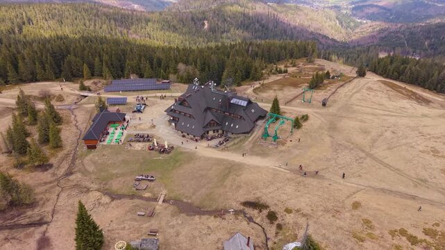 Aerial drone view of Hala Miziowa mountain hut near Pilsko in Beskid Żywiecki