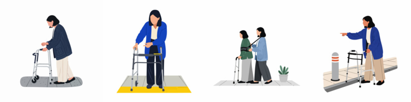 Flat illustration set of elderly women using walking frames and receiving assistance from a caregiver for mobility and rehabilitation.