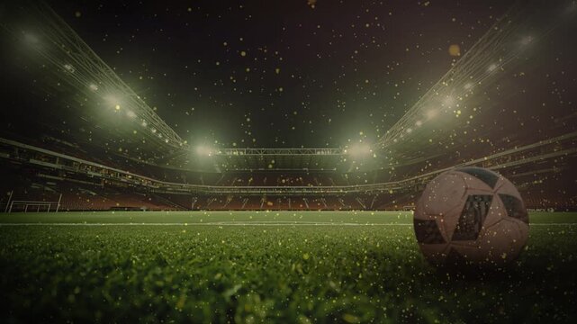 Soccer Stadium at Night with Soccer Ball on Green Grass and Golden Glitter Particles.