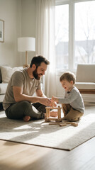 Fototapeta premium Happy father and small son playing with wooden blocks on floor